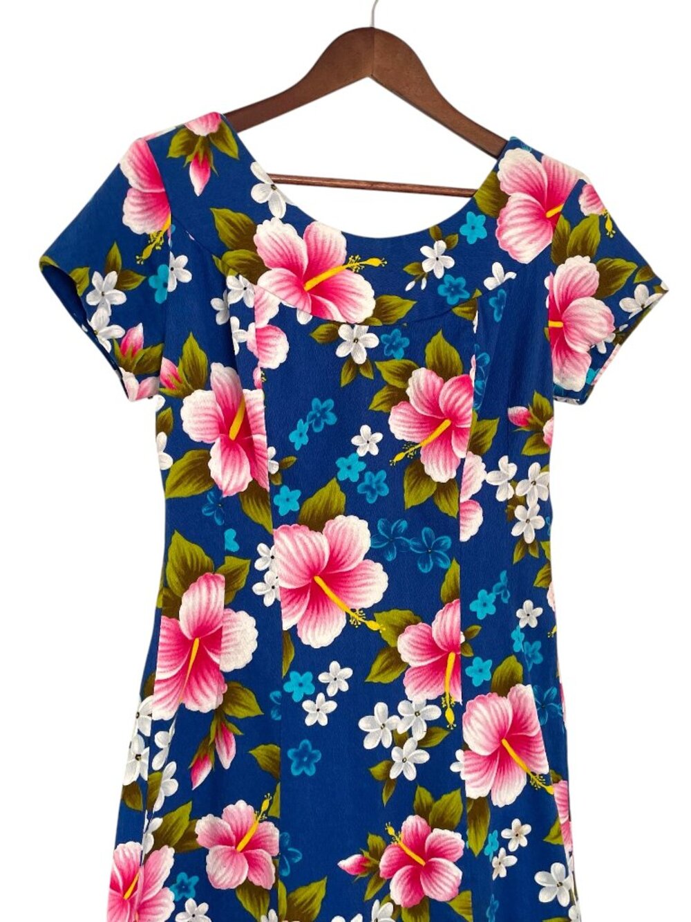 Vintage Ui-Maikai Hawaiian Maxi Dress Small Blue Pink Hibiscus Floral Barkcloth